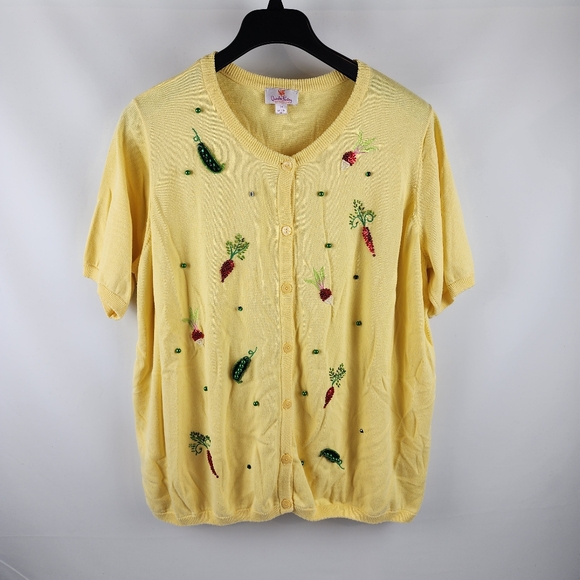 Quacker Factory Sweaters - Quacker Factory V-Neck Cardigan Womens 3X Yellow Embroidered Beaded Vegetables
